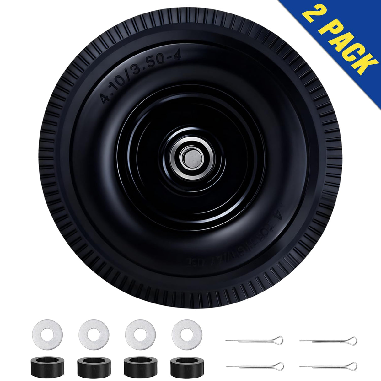 FEILOONG 4.10/3.50-4 Flat Free Tire, 10 Inch Solid Tires and Wheels Replacement with 5/8'' Bearings, 2.2" Offset Hub for Hand Truck, Dolly, Wheelbarrow, Includes Adapter Kit (2 PACK)