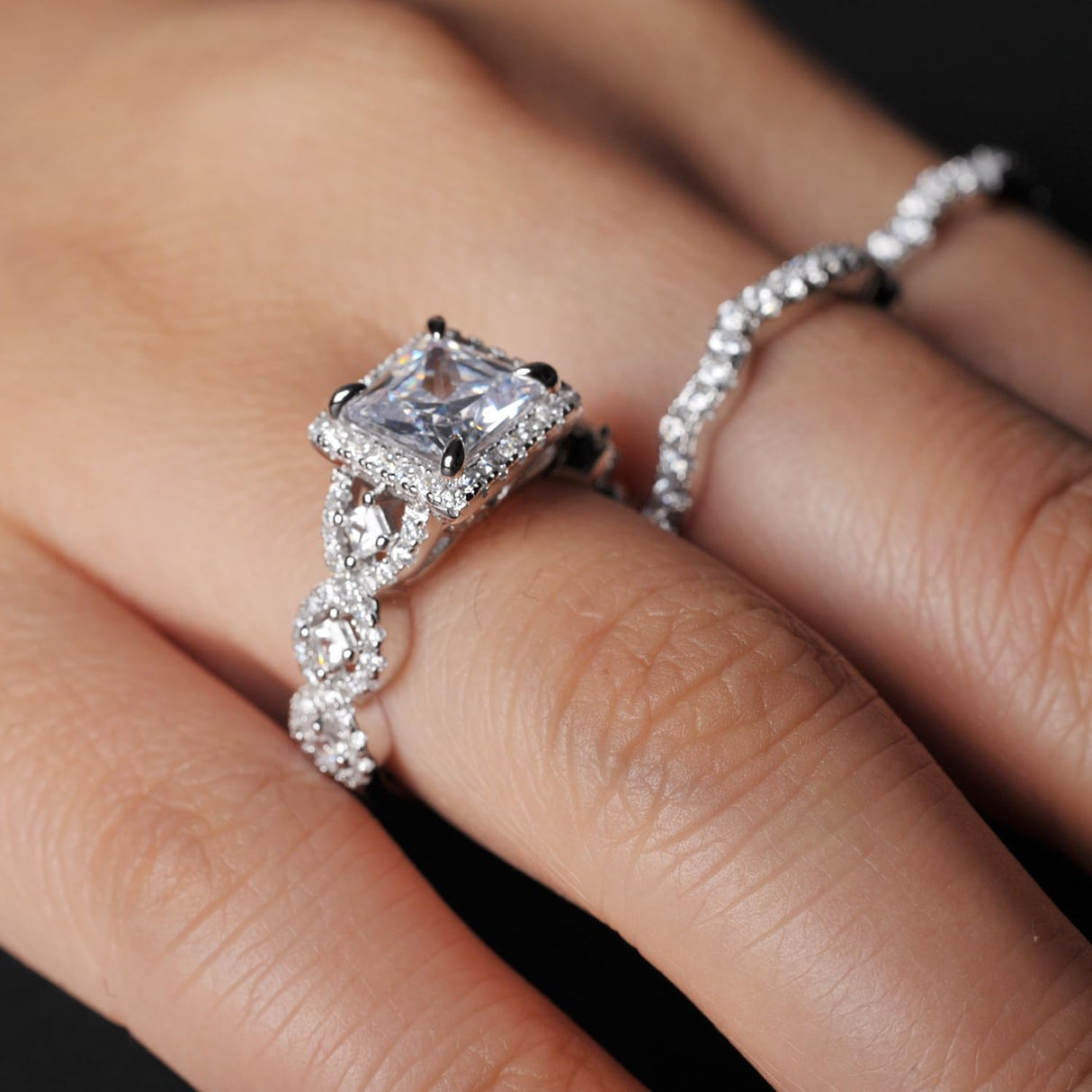 RYANEE Princess Cut Cubic Zirconia Halo Promise Engagement Ring For Women in 925 Sterling Silver, Simulated Diamond 14k White Gold Plated CZ Stackable Rings For Her, Wedding Band Bridal Ring Set 6