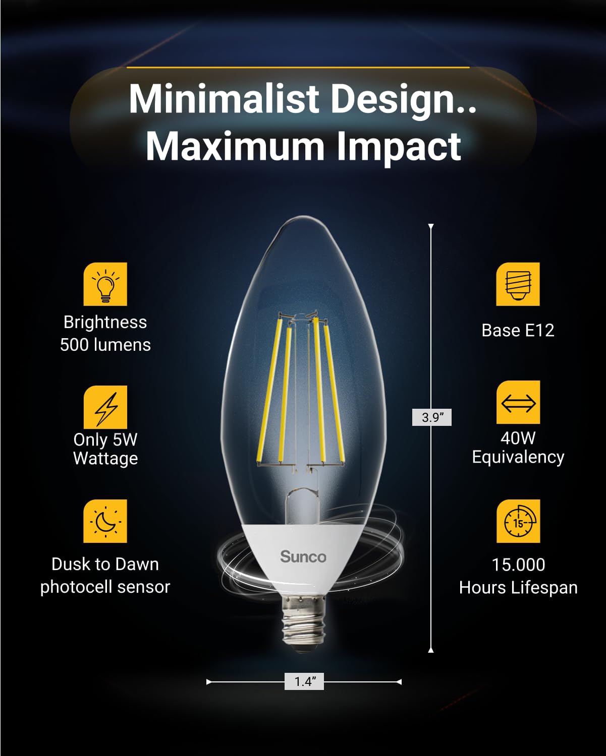 6 Pack Dusk to Dawn Light Bulbs LED Outdoor B11, Edison Filament Candelabra Bulbs for Porch Lighting, 500 LM, 5W (40W Equivalent), 2700K Soft White, E12 Base, Photocell Sensor UL