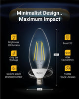 6 Pack Dusk to Dawn Light Bulbs LED Outdoor B11, Edison Filament Candelabra Bulbs for Porch Lighting, 500 LM, 5W (40W Equivalent), 2700K Soft White, E12 Base, Photocell Sensor UL