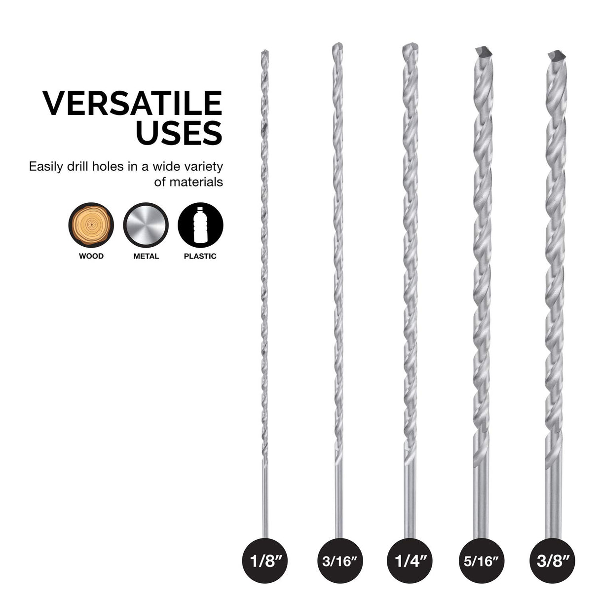 NEIKO 10047A Extra Long Drill Bit Set | 5-Piece | M2 HSS Steel | 12-Inch Length | 1/8, 3/16, 1/4, 5/16, and 3/8-Inch