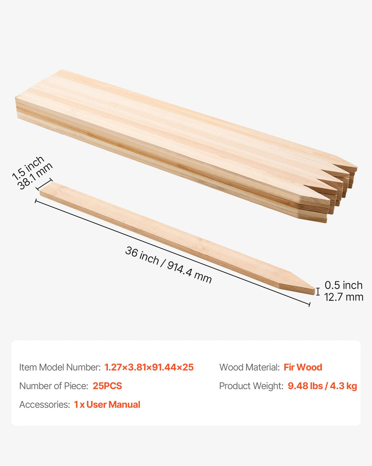 VEVOR Wooden Garden Stakes, 25 Pcs 36 x 0.5 x1.5 in Survey Grading Stakes, Garden Ground Stake with Sharp Point, Fir Wood Plant Support Stake, Sign Posts for Silt Fence Backyard Boundaries Baselines