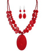 Rosslyons Big Oval Gemotric Pendant Necklace for women Double Strand Colorful Beads Statement Necklace and Earrings Set Fashion Jewelry Gifts (Red)