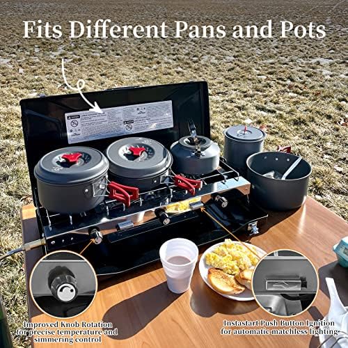 Camping Stove, 3 Burners Propane Portable Camp Stove with Regulator, Push-Button Instant Ignition, Adjustable Burners & Wind Guards for Car BBQ Picnics Outdoor Cooking (BLACK-20400 BTUs)