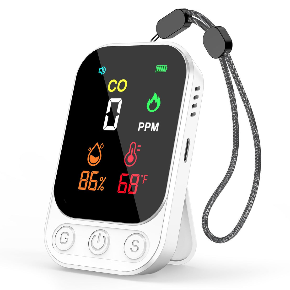 Portable Carbon Monoxide Detectors, 3-in-1 CO Detector – Mini CO, Temp & Humidity Sensor with 85 dB Alarm, Fold-Out Kickstand & Lanyard, Ultra-Low-Power Plug-Free Safety for Home, RV, Camp or Hotel