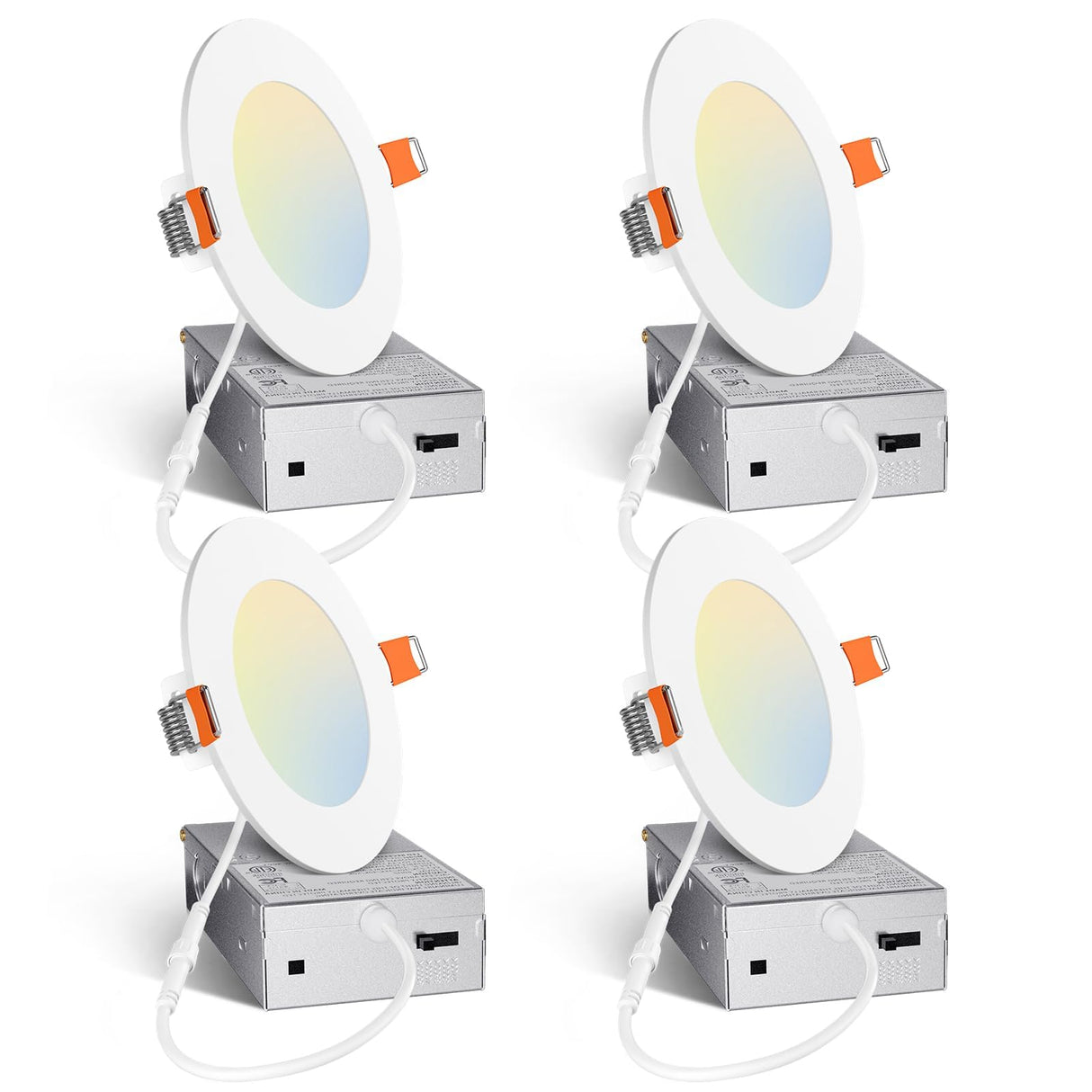 Amico 4 Pack 4 Inch 5CCT Ultra-Thin LED Recessed Ceiling Light with Junction Box, 2700K/3000K/3500K/4000K/5000K Selectable, 10W Eqv 60W 800LM Brightness Dimmable Canless Wafer Downlight, ETL & FCC