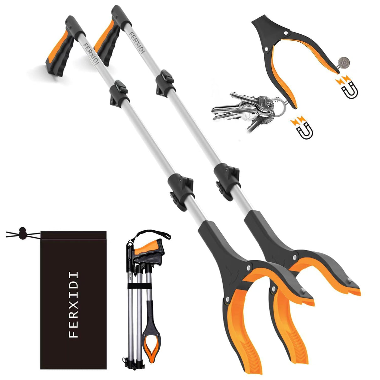 FERXIDI 43" Foldable Grabber Reacher Tool,2pcs Reacher Grabber Pickup Tool,Folding Grabbers for Elderly Grab It Reaching Tool with Rotating Jaw+Magnets,Grabber Reacher Tool Heavy Duty (one Bag)