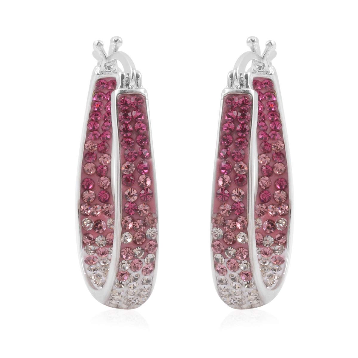 Savlano 14K White Gold Plated Inside Out Crystal Hoop Earrings For Women (Pink-White)