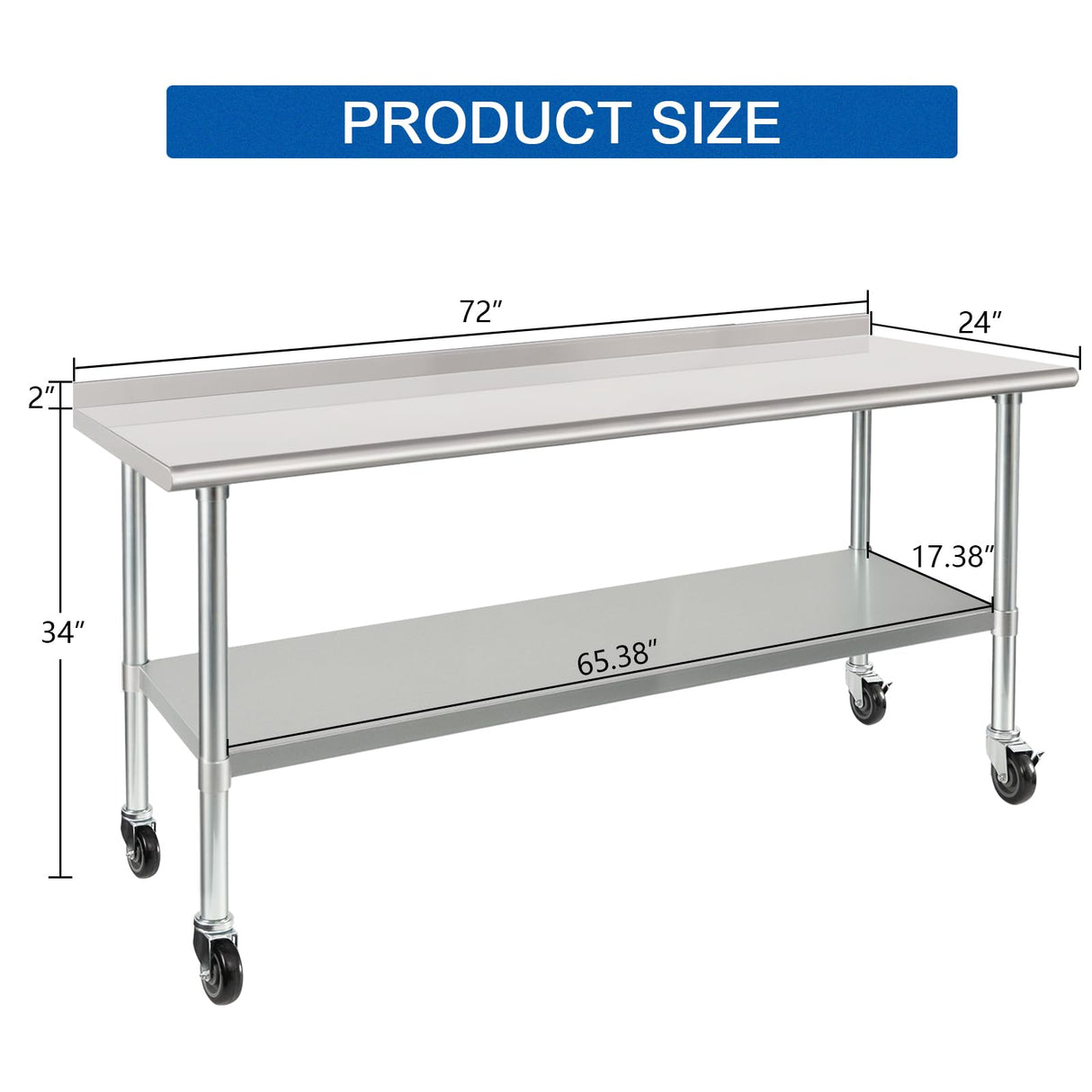 HARDURA Stainless Steel Table 24 x 72 Inches with Wheels Casters NSF Heavy Duty Commercial Prep Table with 2” Backsplash and Adjustable Undershelf for Restaurant Kitchen Home and Hotel