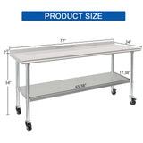 HARDURA Stainless Steel Table 24 x 72 Inches with Wheels Casters NSF Heavy Duty Commercial Prep Table with 2” Backsplash and Adjustable Undershelf for Restaurant Kitchen Home and Hotel