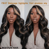 BestFun FB/27 Balayage Highlight Lace Front Wig Human Hair Pre Plucked 220% Density 24 Inch 13x4 HD Lace Brazilian Virgin Human Hair Body Wave Wig Ombre Glusless Wigs for Women Natural Hairline