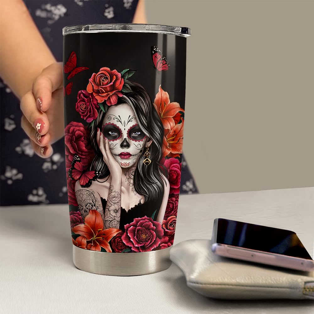 Sugar Skull Tumbler 20oz Stainless Steel Insulated Coffee Travel Mug Cup for Women Girls Gifts for Birthday Christmas Halloween