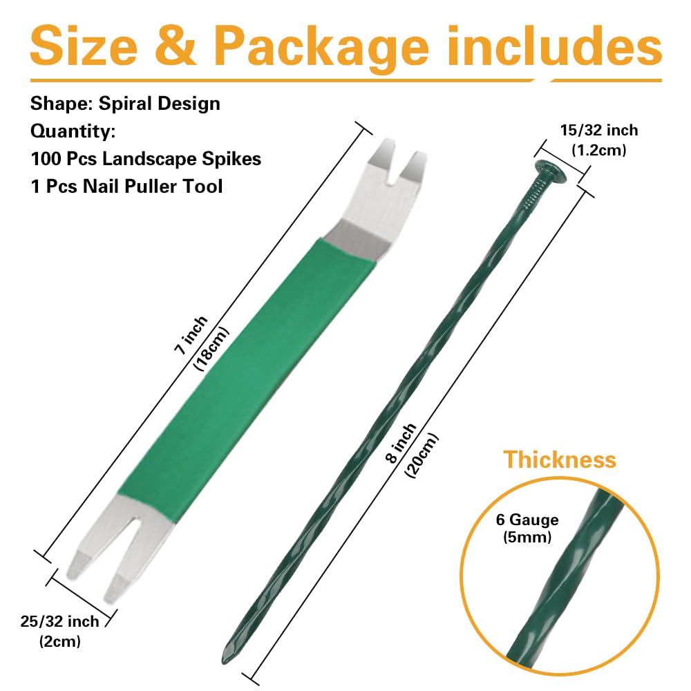 Bakulyor 100 Pack Metal Landscape Stakes, 8 Inch Artificial Grass Nails, 6 Gauge Large Landscaping Staples, Green Edging Anchor Stake for Garden Ground Lawn Paver Timber Border Weed Barrier Spikes 8"