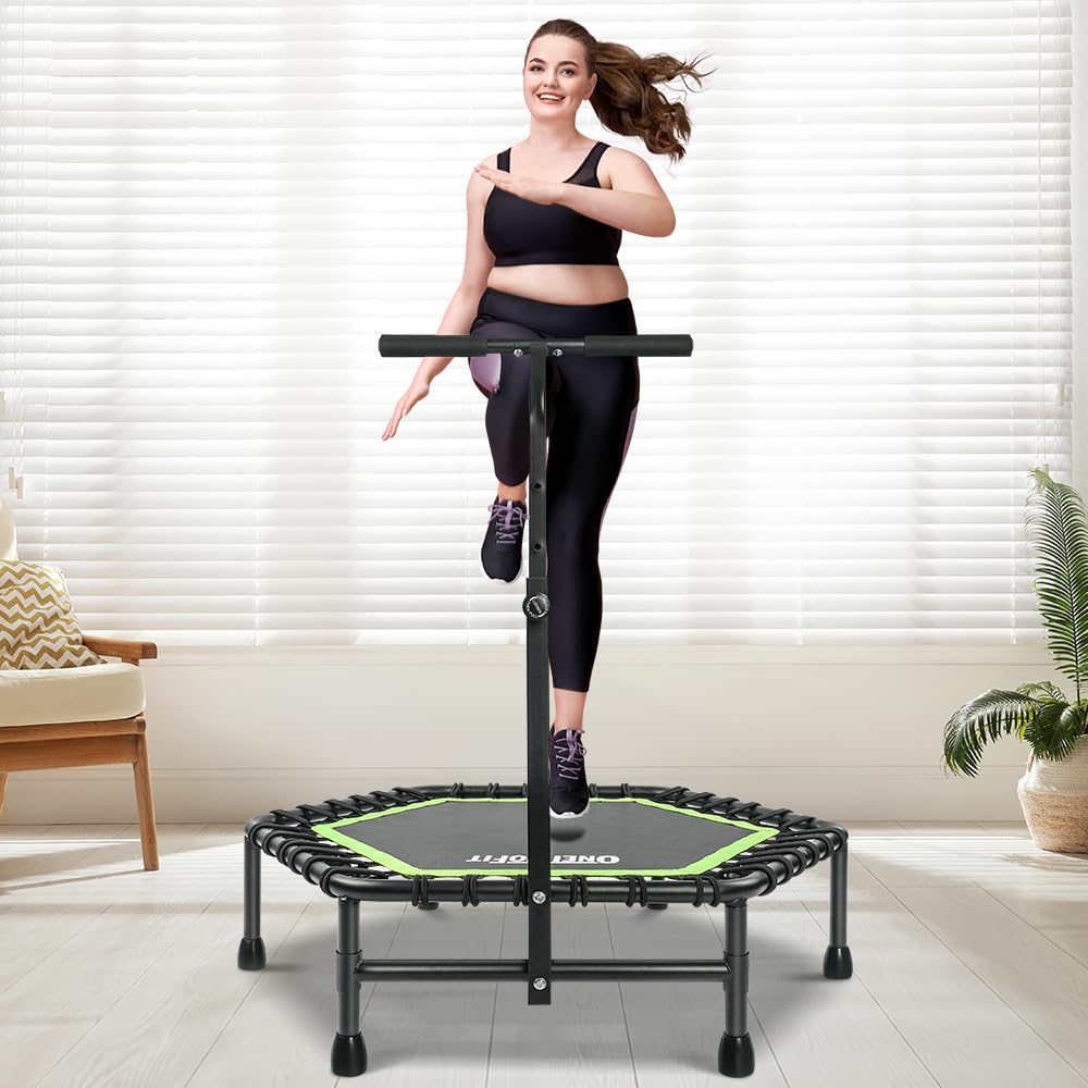 ONETWOFIT 42"/45" Rebounder Trampoline for Adults, Silent Mini Trampoline Indoor Exercise Fitness Trampoline Bungee Rebounder Workout Max Load 330lbs (45IN-Green-with-Handle)