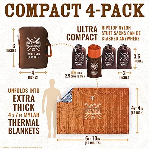 World’s Toughest Emergency Blankets [4-Pack] Extra-Thick Thermal Mylar Foil Space Blanket | Waterproof Ultralight Outdoor Survival Gear For Hiking, Camping, Running, Emergency, First Aid Kits [Orange]