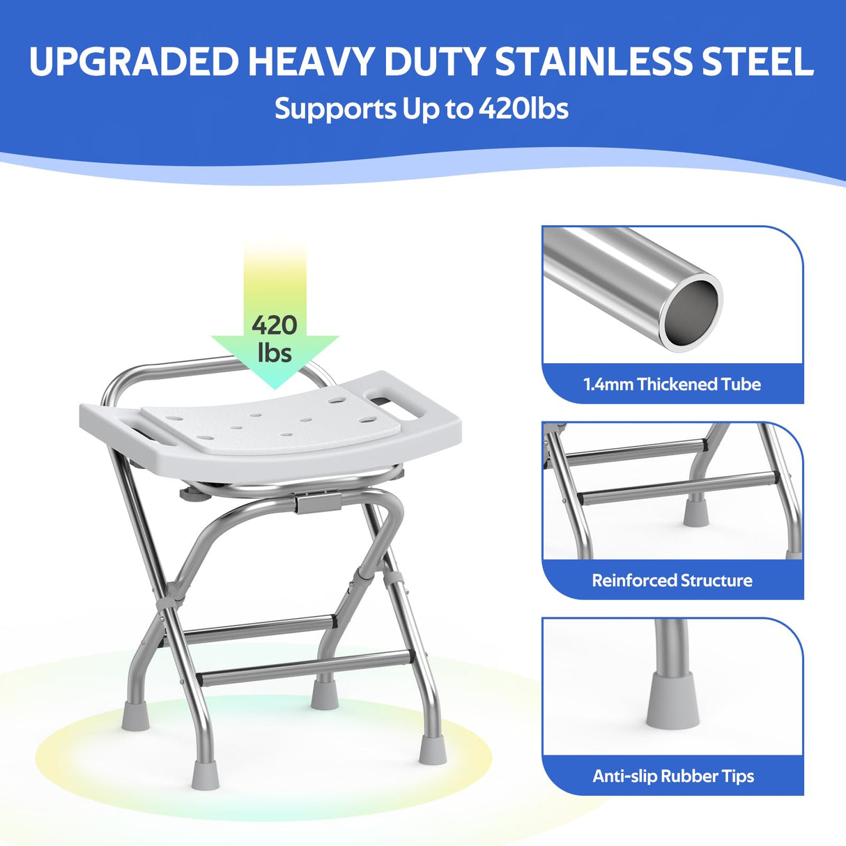 Folding Shower Seat - Stainless Steel Shower Chair for Inside Shower - 420lbs Height Adjustable Foldable Shower Stool - Portable Travel Collapsible Bath Bench for Elderly, Handicap & Disabled (Gray)