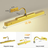 Picture Light 3Pack- 16in Picture Lights for Wall, 5000mAh Wireless Rechargeable Battery Picture Lights, Wall Light, Art Display Light for Gallery Artwork, Paintings, Portraits, Dartboards- Gold