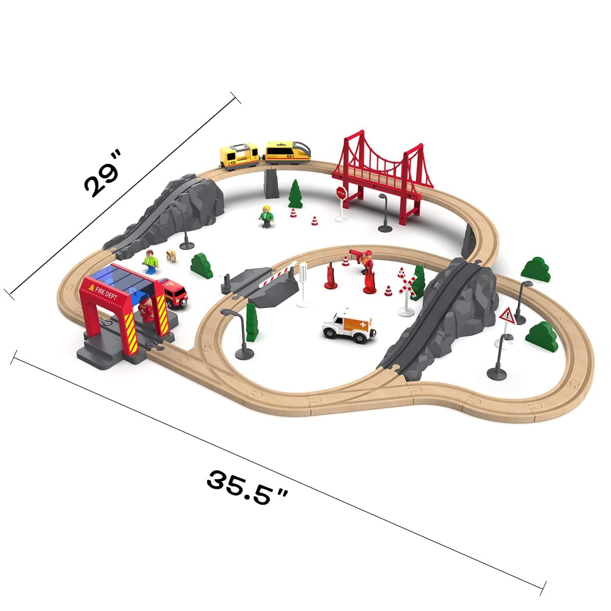 Giant bean 72PCS Fire Station Wooden Train Track Electric Train Set, Gift Packed Toy Railway Kits for Kids, Toddler Boys and Girls 3,4,5 Years Old and Up, Christmas Birthday Gift Toy for Kids