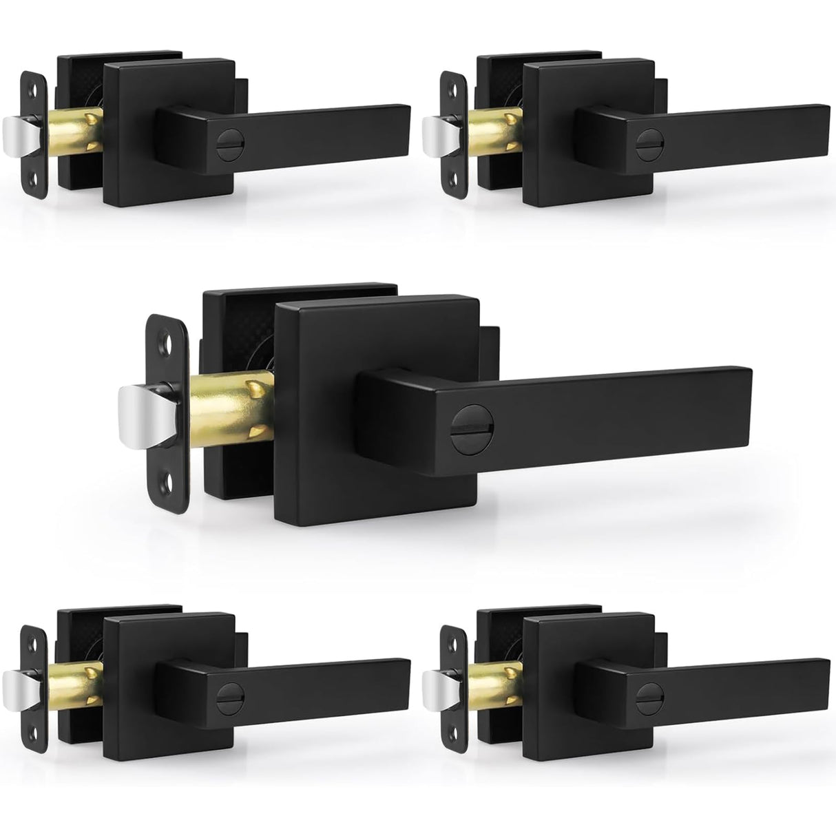 Estmoon 5 Pack Matte Black Door Handles Interior Door Knobs, Keyless Privacy Bedroom Door Lock, Heavy Duty Zinc Alloy Home Improvement Door Leverset for Bedrooms Bathrooms