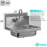 AmGood Stainless Steel Wall Mount Hand Sink with Faucet and Right Sidesplash 17" x 15" | NSF Commercial Hand Washing Basin For Restaurant, Kitchen and Home | Bowl Size: 10" x 14"