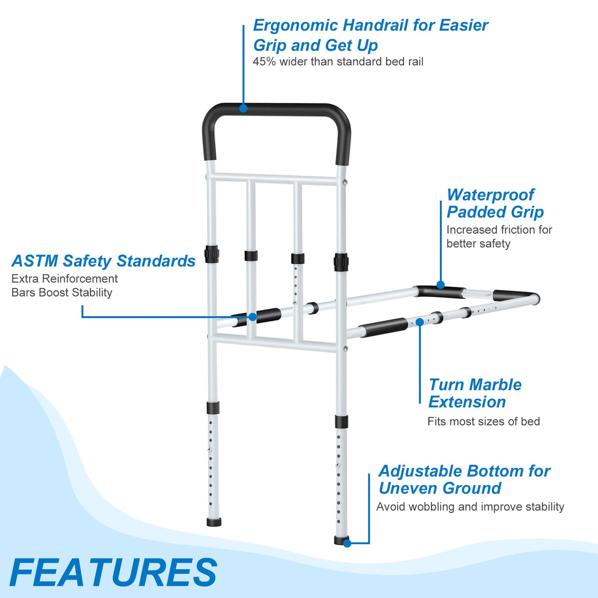 KingPavonini Bed Rails for Elderly Adults Safety, with Motion Light & Storage Pouch, FSA/HSA Eligible 400LBS Robust Bed Assist Rail with Support Legs for Seniors & Surgical Patients,Tool-Free Assembly