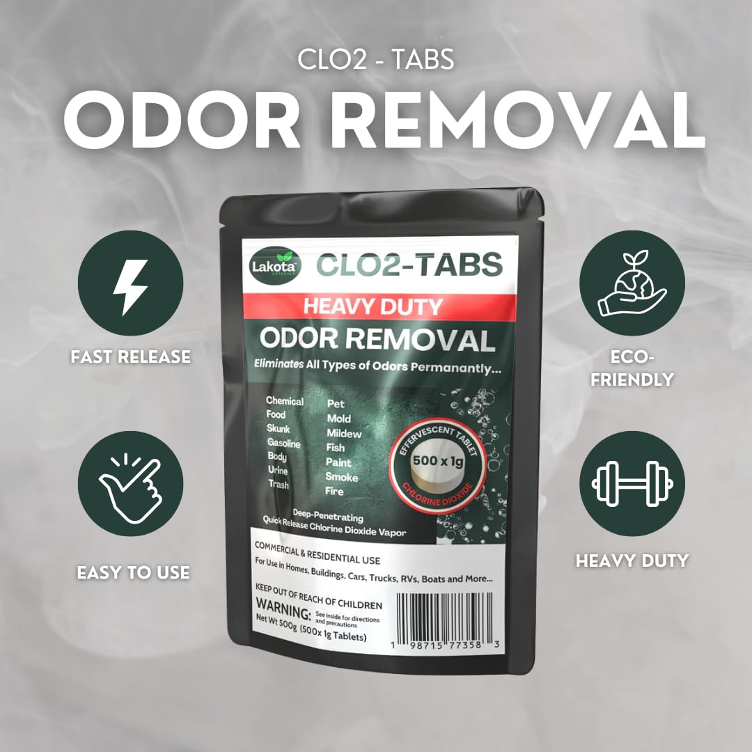 CLO2-ODOR Chlorine Dioxide Tablets - 500 x 1g (1.1 Pound) Best Value! Heavy Duty Chlorine Dioxide Odor Removal for Homes, Rooms, Cars, Trucks, Rvs, Vehicles, Buildings and More!