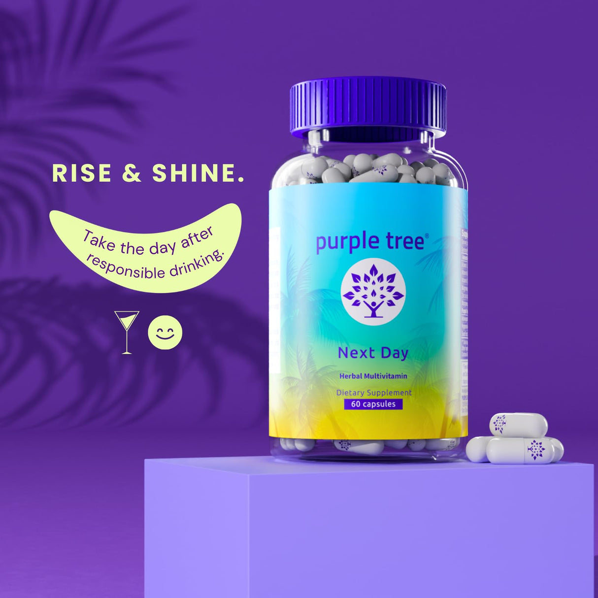 purple tree Next Day, Post-Celebration Wellness - Take Tomorrow | Replenish & Feel Your Best | Ashwagandha, Ginger, Peppermint, Milk Thistle, Electrolytes, Vitamins, 90 Pills