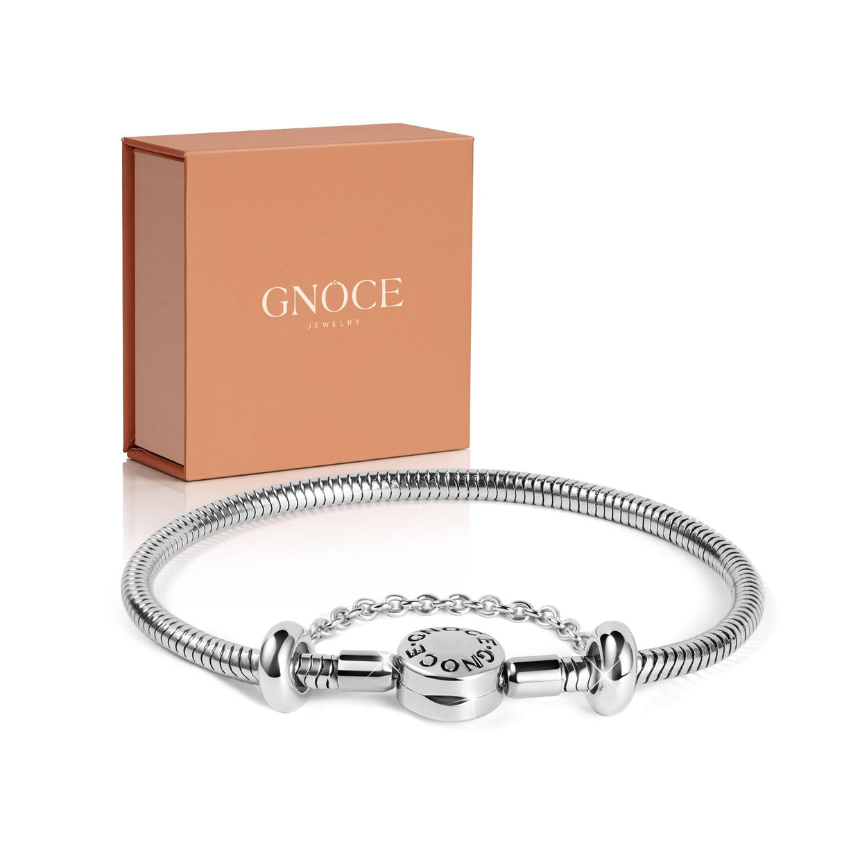 GNOCE Stainless Steel Snake Chain Charm Bracelet W/Safety Gift for Women(7.5in)