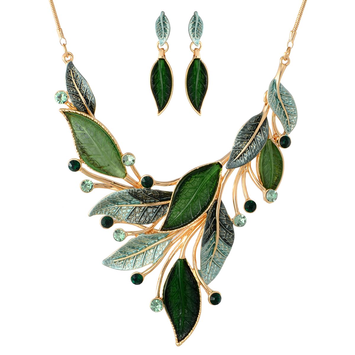 Mycitta Vintage Chunky Statement Jewelry Set 14k Gold Plated Retro Spring Green Leaf Floral Bohemian Boho Bib Necklace Earring Set Fashion Jewelry for Women Wedding Party Prom Unique Gift