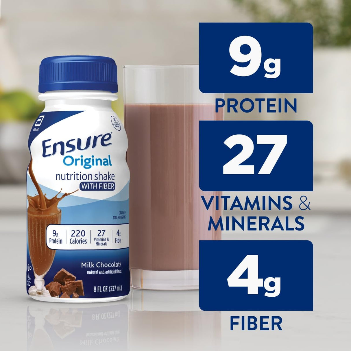 Ensure Original Milk Chocolate Nutrition Shake With Fiber | Small Meal Replacement Shake | Ready to Drink | 9g Protein, 27 Vitamins and Minerals | 8 fl oz - 24 Pack