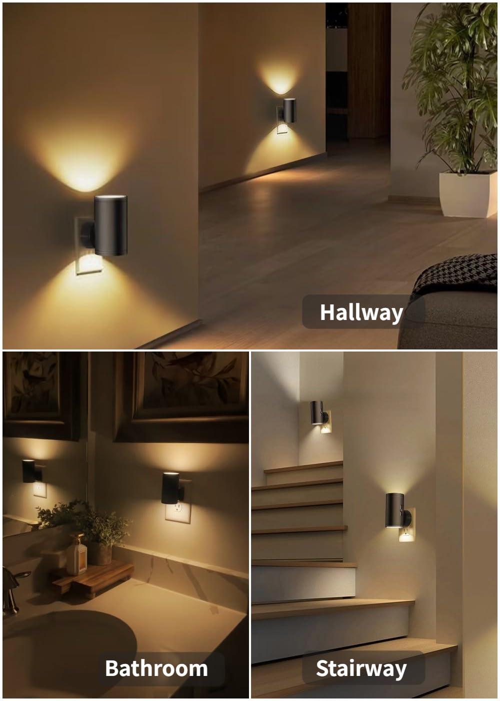 TSEXES 4 Pack LED Night Light Plug in, Dusk to Dawn Sensor,5-300LM Adjustable Brightness, Soft White 3000K,Dimmable Night Lights for Kitchen,Hallway Bedroom,Stairs