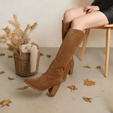 MeiLuSi Fall Boots for Women 2025, Knee High Tall Suede Boots Brown Slouchy Shoes Fashion Long Christmas Shoes Chunky High Heel Size 8 tan