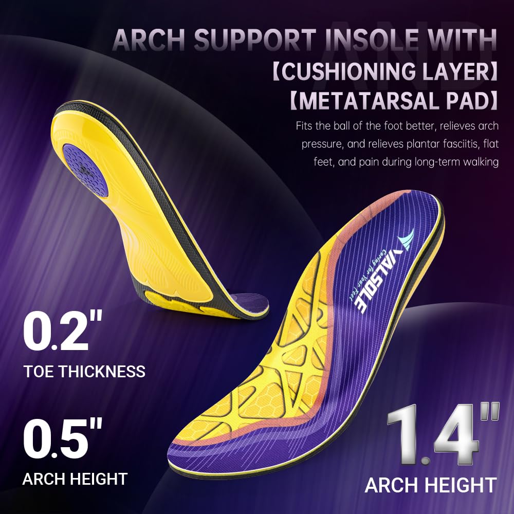 VALSOLE Plantar Fasciitis Insoles for Men Women - 220+lbs Heavy Duty Support Pain Relief Orthotics - High Arch Insoles - for Flat Feet - Metatarsalgia - Arch Pain - Heel Pain - Work Boot Shoe Insole