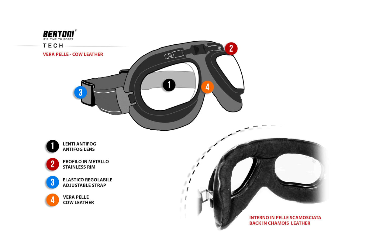 Bertoni Motorcycle Goggles Real Black Calfskin Leather AF191L Italy Vintage Aviator Bikers Glasses