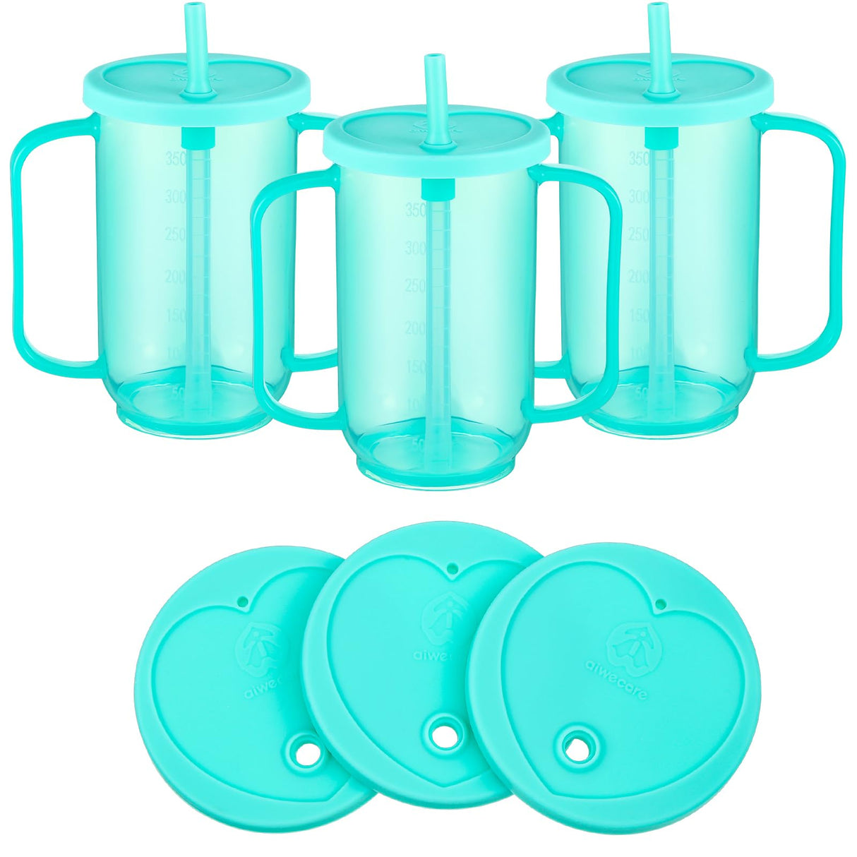 Sliner 3 Pcs Adult Sippy Cups for Elderly, 12 oz Plastic Spill Proof Cups with 2 Handles Straw and Lid for Adults Hospital Disabled Dysphagia Patients (Blue)