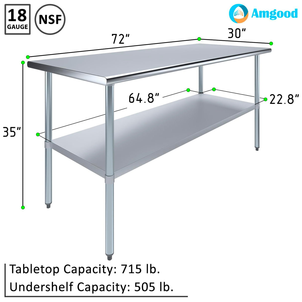 AmGood 30 in. x 72 in. Stainless Steel Work Table | Metal Kitchen Food Prep Table | NSF