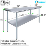 AmGood 30 in. x 72 in. Stainless Steel Work Table | Metal Kitchen Food Prep Table | NSF