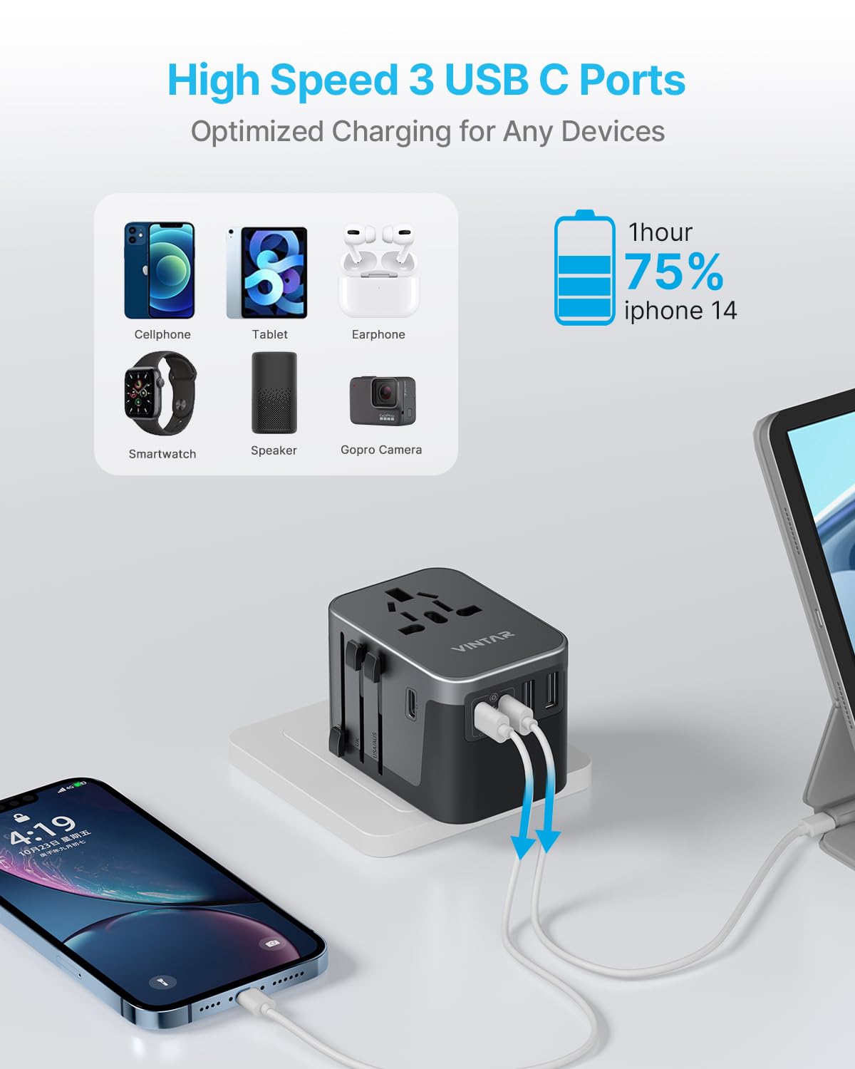 Universal Travel Adapter, VINTAR 35.5W International Power Adapter with 3 USB A QC and 2 USB C PD, All in One Plug Adapter Worldwide Travel Essentials for EU/UK/USA/AUS(Type C/G/A/I), Black