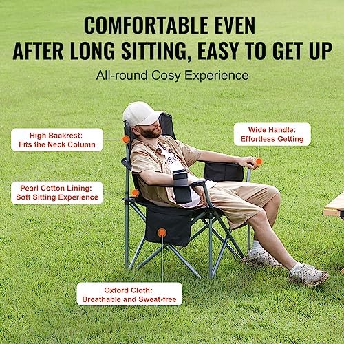 VEVOR Camping Folding Chair, Portable Heavy Duty Outdoor Quad Lumbar Back Padded with Side Pockets, Cup Holder and Cooler Bag for Beach, Lawn, Picnic, Fishing, Backpacking, Black