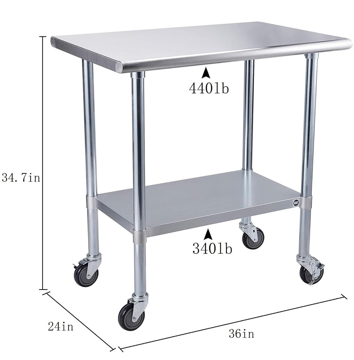 ROCKPOINT Stainless Steel Table for Prep & Work with Caster Wheels 24x36 Inches, NSF Metal Commercial Kitchen Heavy Duty Table with Adjustable Under Shelf and Table Foot for Restaurant, Home and Hotel