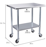 ROCKPOINT Stainless Steel Table for Prep & Work with Caster Wheels 24x36 Inches, NSF Metal Commercial Kitchen Heavy Duty Table with Adjustable Under Shelf and Table Foot for Restaurant, Home and Hotel