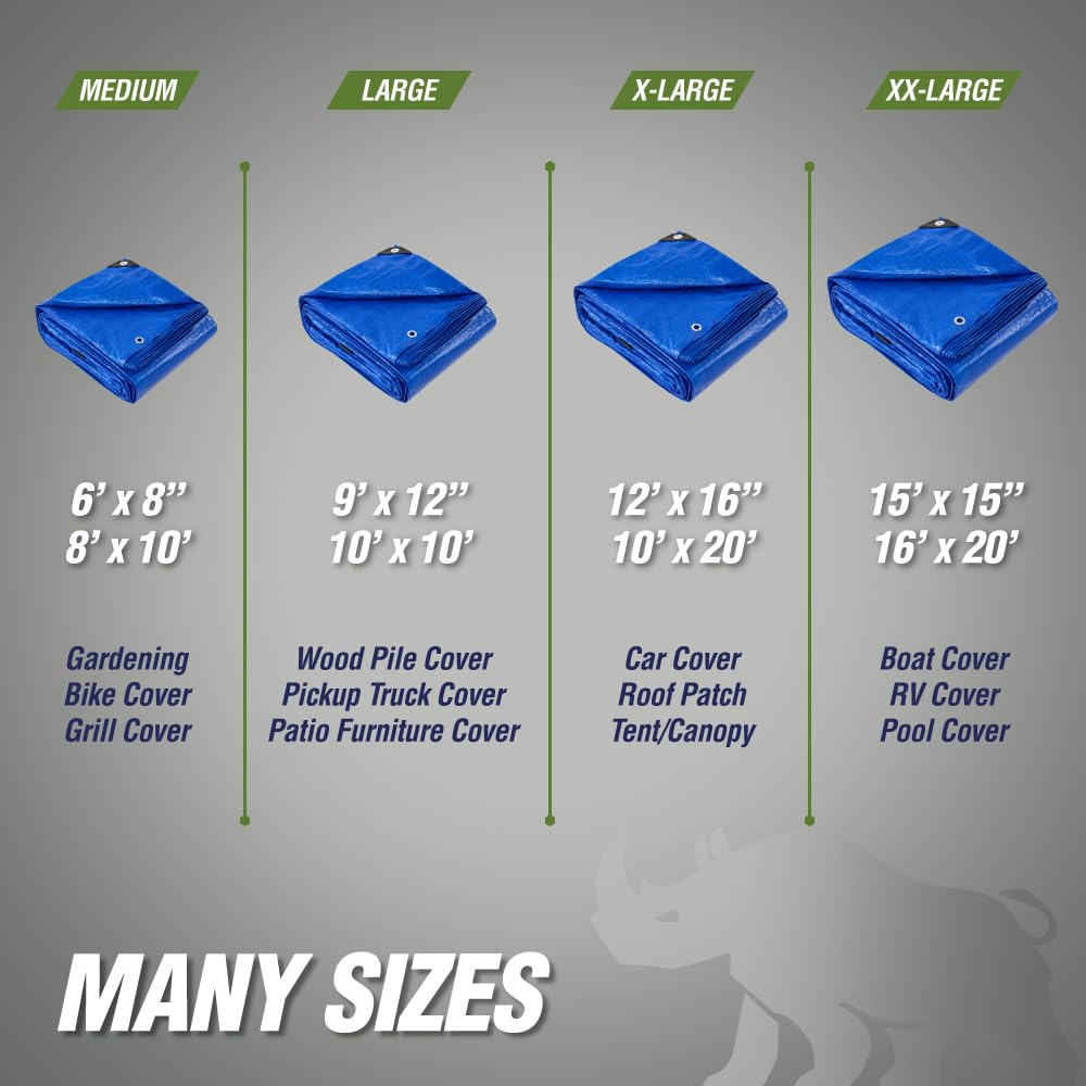 RUGGED RHINO Heavy Duty Waterproof Tarp, 15x15, 2 Pack, UV and Tear Resistant Cover with Reinforced Grommets and Corners, Outdoor Multipurpose Tarps for Camping, Patio, Garden, Car & Roof, 5 Mil, Blue