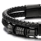 Men's Black Braided Leather Bracelet with Stainless Steel Accents Double-Layer Design Durable Biker Punk Style Wristband Modern Minimalist Fashion Jewelry for Men