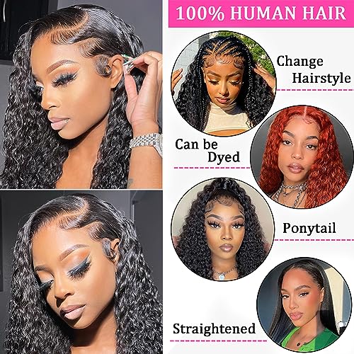 BLACROSS 28 Inch 13x6 Deep Wave Lace Front Wigs Human Hair 180 Density Deep Part Curly Lace Front Wigs Human Hair Pre Plucked Glueless Transparent Lace Frontal Wig Pre Plucked with Baby Hair