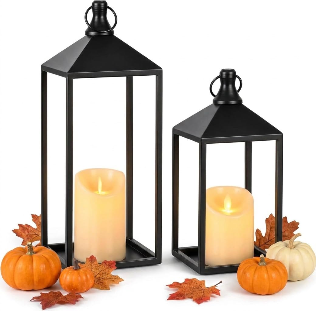 2 Pcs Black Decorative Metal Lanterns Farmhouse Lantern Decor with Candles