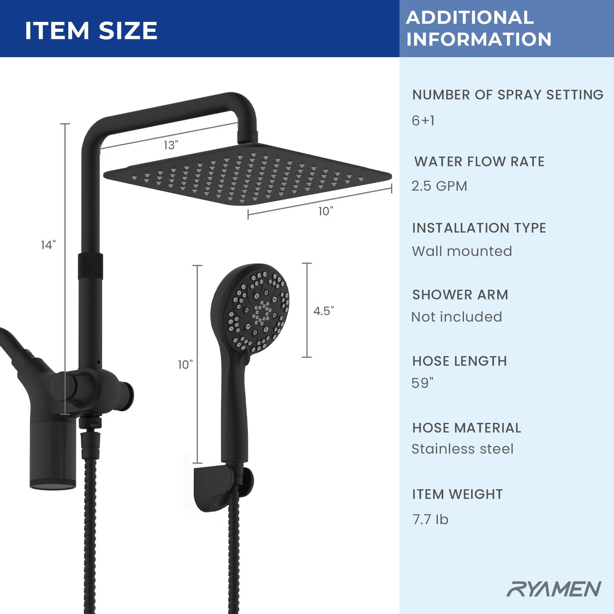Ryamen Upgraded Dual Shower Heads Combo, 10 inch Filtered Shower Head with Handheld, 3-Way Rain Shower Head with Filters, 7 Settings Handheld Spray, High Pressure, Height Adjustable (Black)