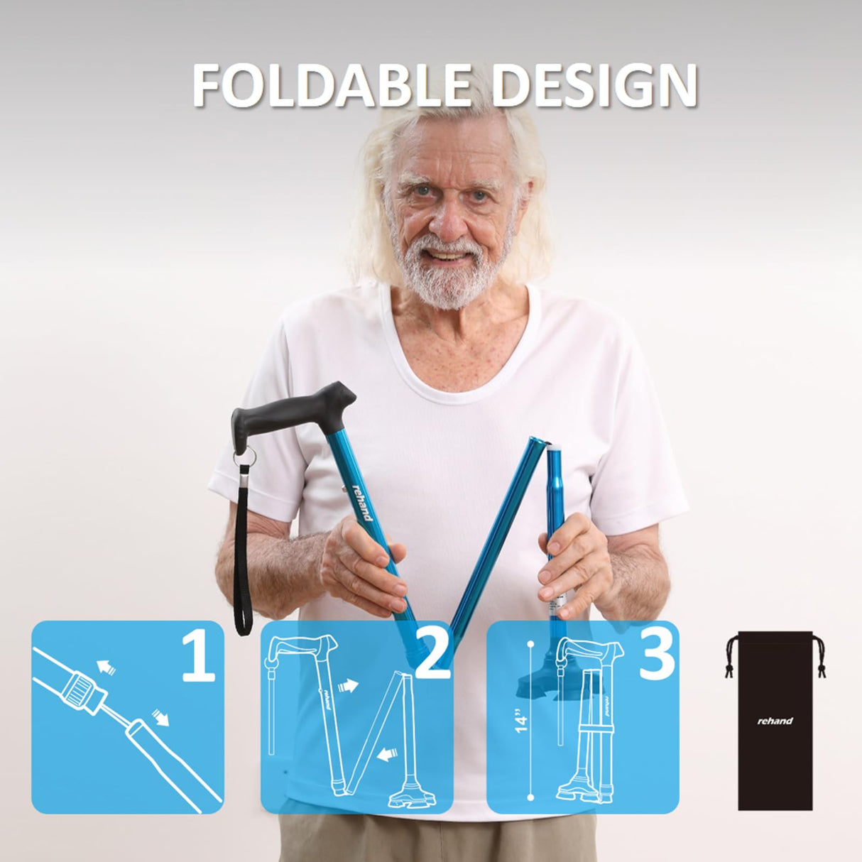 REHAND Walking Cane for Men & Women - Foldable, Adjustable, Lightweight, Self Standing Pivot Walking Cane, Soft Handle Grip, with Travel Bag, Walking Sticks for Seniors & Adults (Blue)