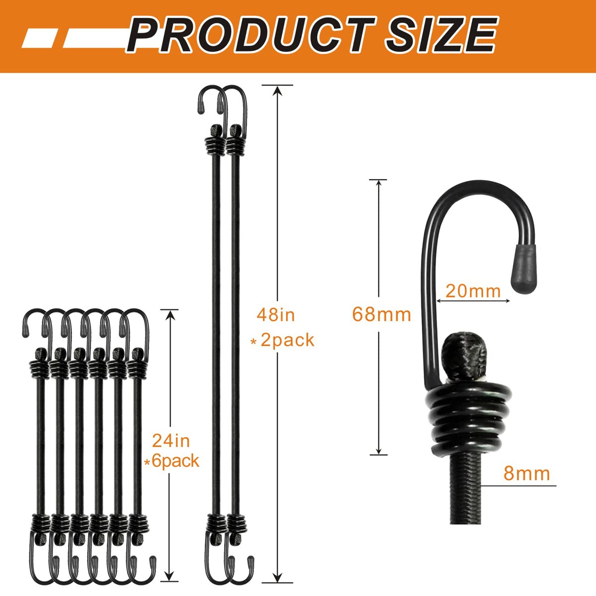 BEXSLE Bungee Cords with Hooks, Heavy Duty Outdoor Elastic Bungee Straps，No Odour Industrial Grade Bungee Rope for Securing Tarps, Luggage,Tents, Bikes or Garden Tidying 24in6pcs + 48in2pcs (Black)