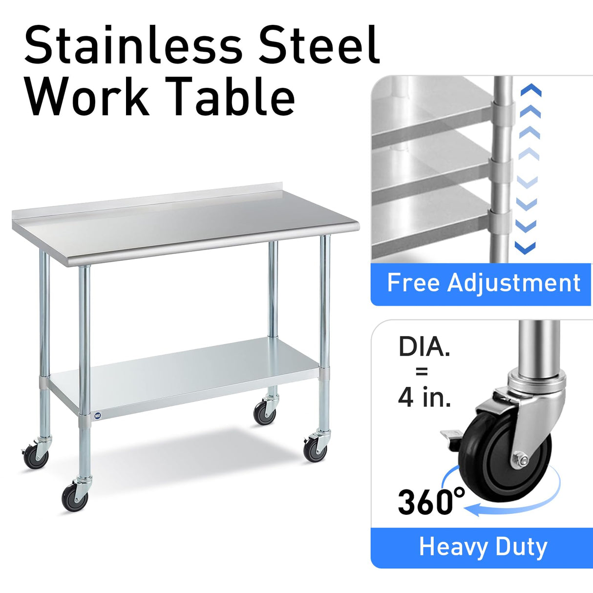 Stainless Steel Table for Prep & Work with Caster & Backsplash 24x72 Inches, NSF Metal Commercial Kitchen Heavy Duty Table with Adjustable Under Shelf and Table Foot for Restaurant, Home and Hotel