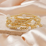 Dainty 14K Gold Beaded Cross Bracelet Stack for Women,Bohemian Stretch Pearl Gold Plated Ball Beads Non Tarnish Stackable Bracelets Set Fashion Prom Holiday Accessories Jewelry Gift Friendship